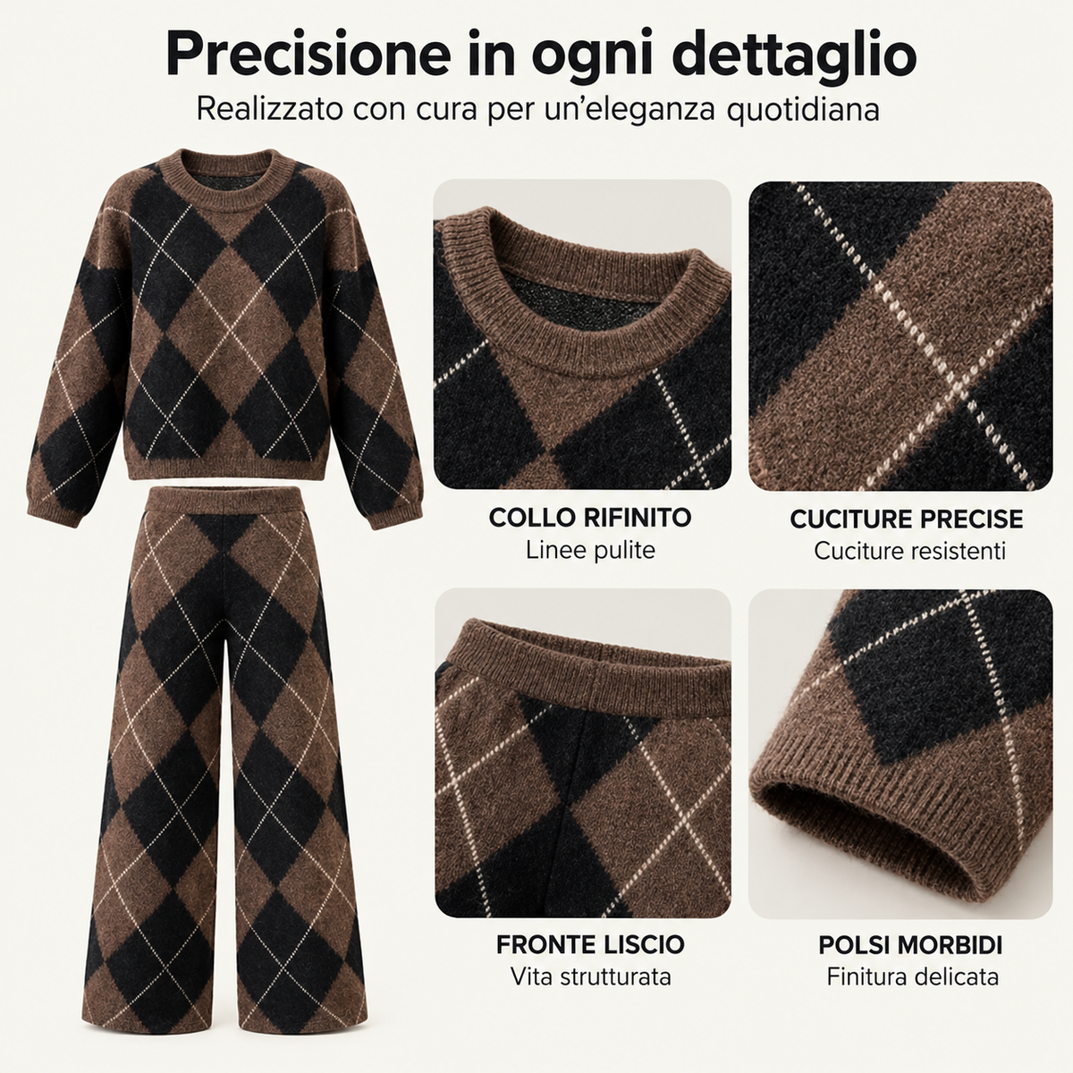 Livia | Completo in maglia a rombi con maglione e pantaloni a gamba larga