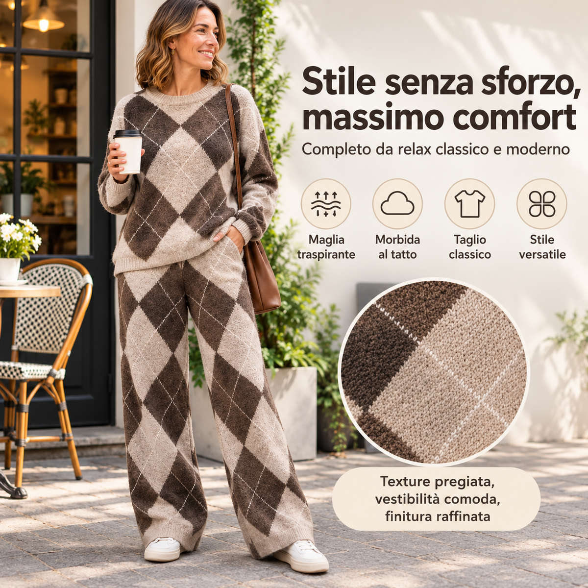 Livia | Completo in maglia a rombi con maglione e pantaloni a gamba larga
