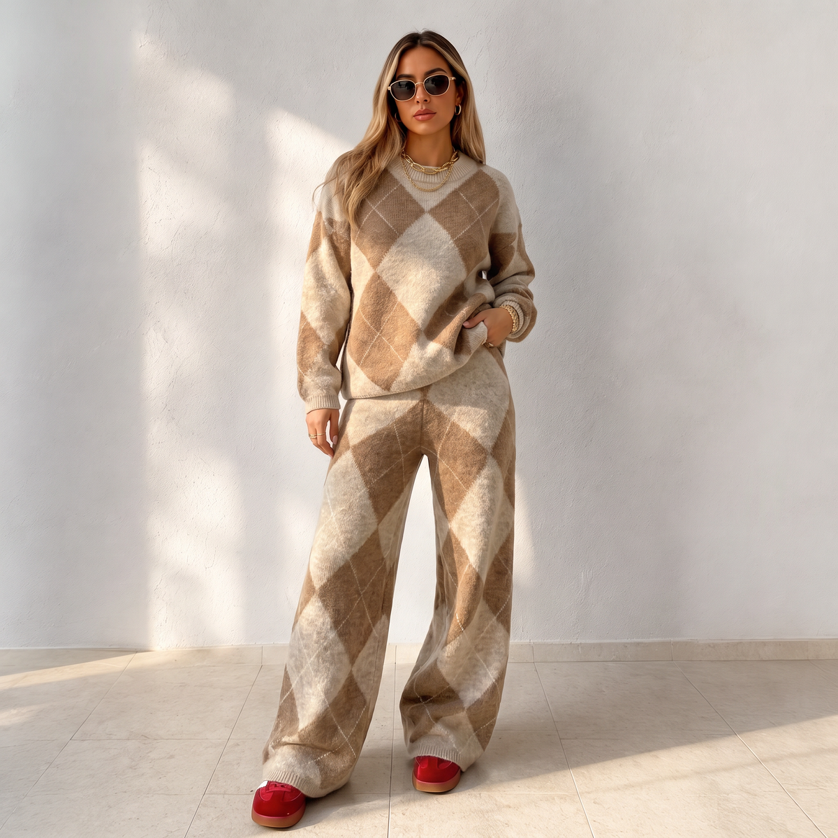 Livia – completo in maglia a rombi con pantaloni a gamba larga, vista 9